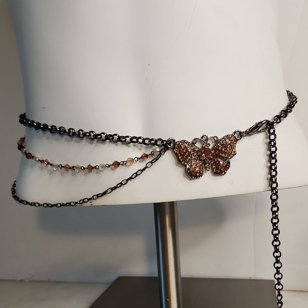 1928 | Butterfly Waist/Hip Chain Belt | Crystal Topaz and Brown Adjustable 38"